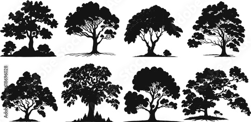 Set of black and white tree silhouettes. Tree elements to create a garden or forest