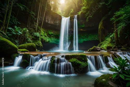 Vibrant jungle waterfall surrounded by lush vegetation.