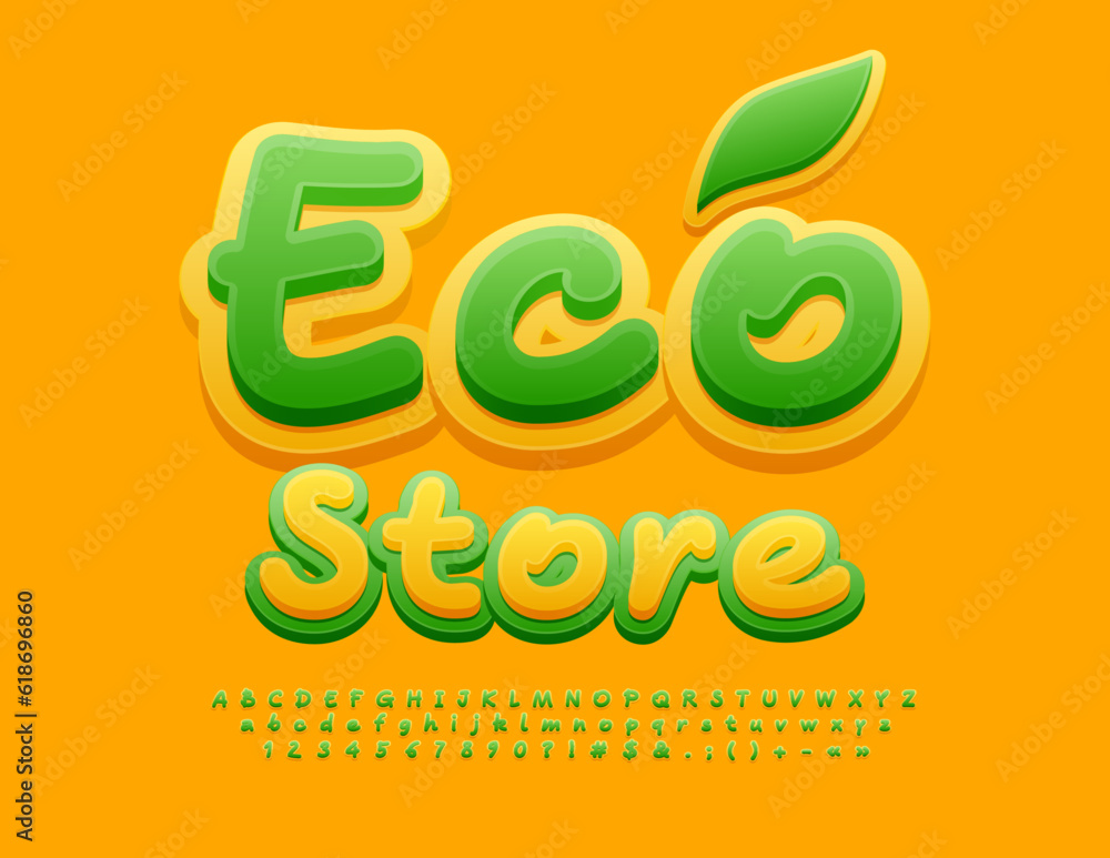 Naklejka premium Vector advertising Banner Eco Store. Creative bright Font. Modern Alphabet Letters, Numbers and Symbols