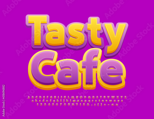 Vector advertising banner Tasty Cafe. Yellow and Violet Bright Font. Colorful Alphabet Letters and Numbers