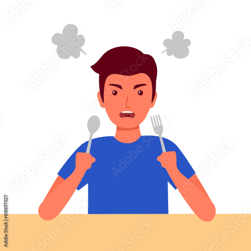 Impatient angry hungry man in flat design.