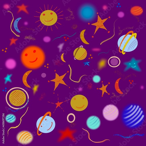 Seamless pattern with cute colorful space objects with planets, stars and moons. Purplish background. For wallpaper, wrapping paper, textiles, cover prints, mugs, notebooks, wrapping paper