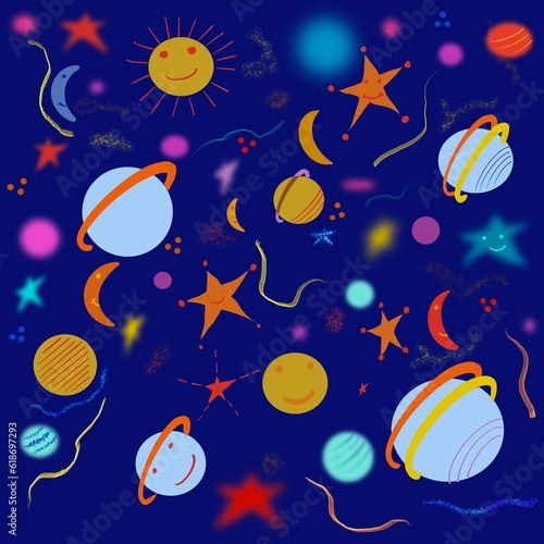 Seamless pattern with cute colorful space objects with planets, stars and moons. Blue background. For wallpaper, wrapping paper, textiles, cover prints, mugs, notebooks, wrapping paper