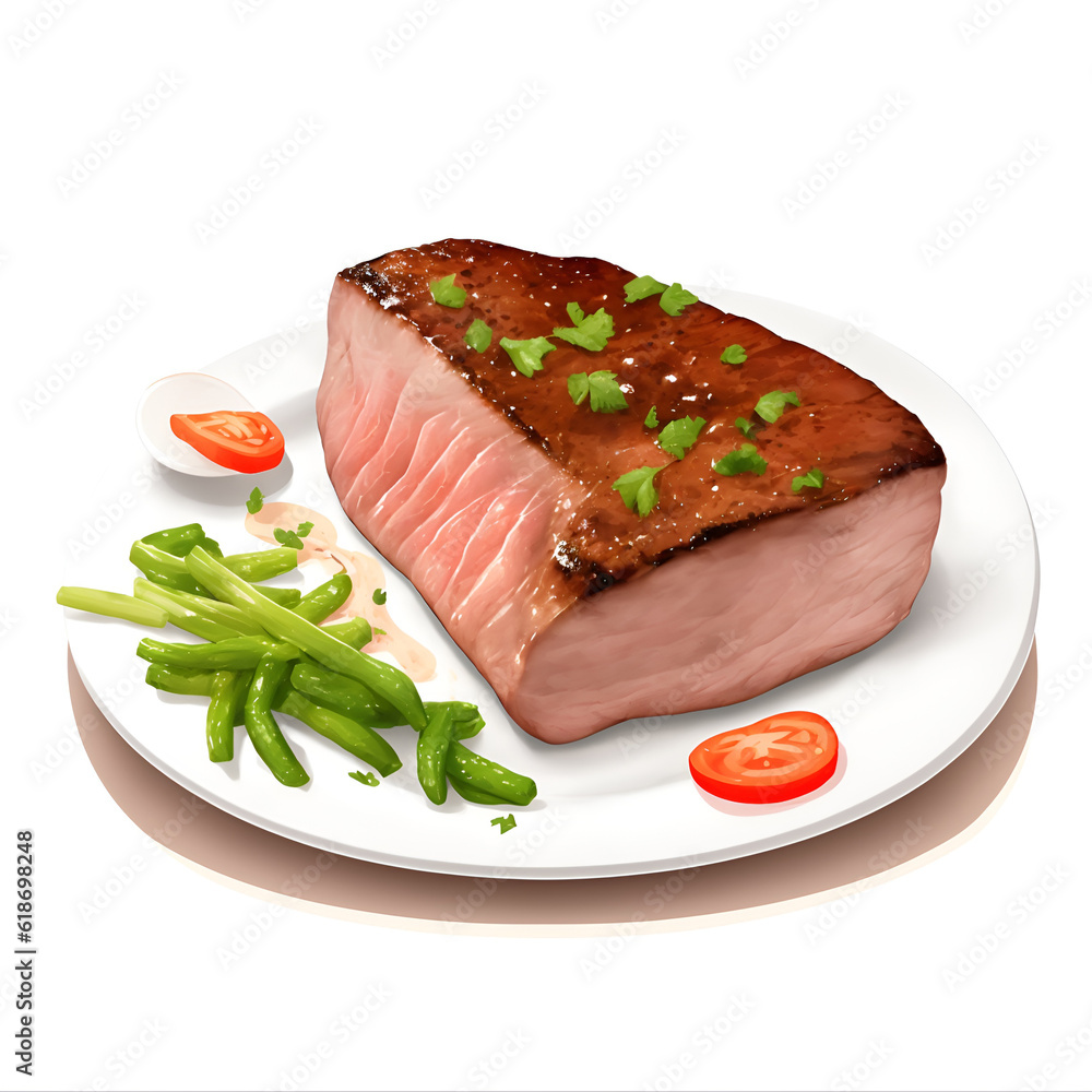 grilled pork chops with coriander, asparagus, tomato on white background , close up pork chops.