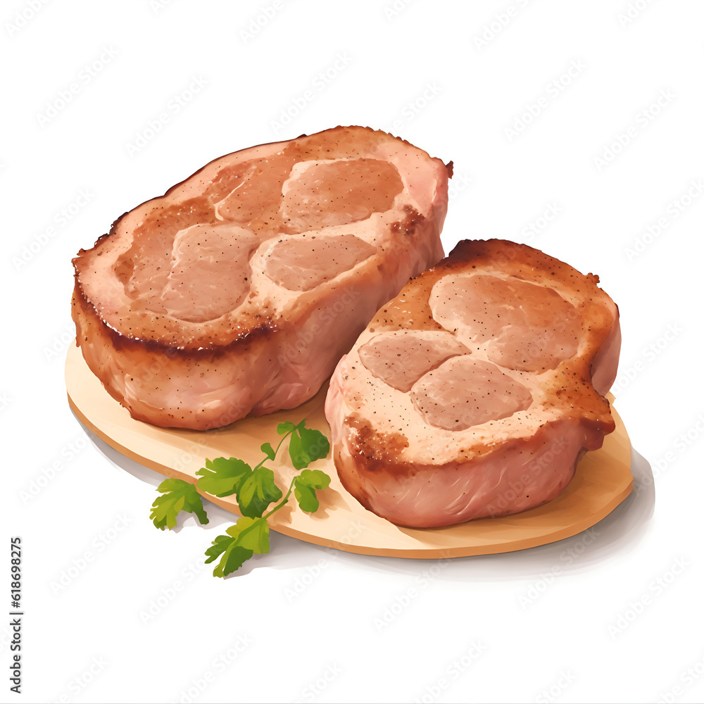 grilled pork chops with coriander on white background , close up pork chops.