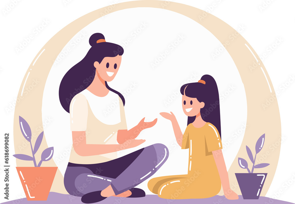 Hand Drawn mother talking to daughter in flat style Hand Drawn mother talking to daughter in flat style