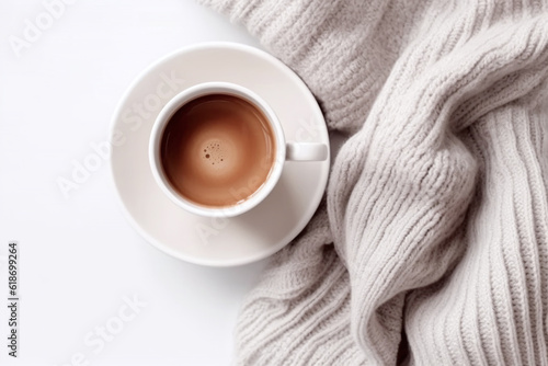cup of coffee with a knit sweater on a white background