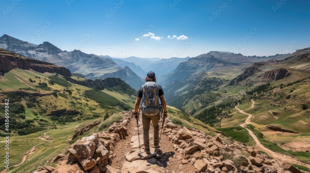 A man with big backpack hiking in high. There are many sharp peaks behind. He is standing on a big boulder, enjoying the view. There are a few trees around. Sunny day