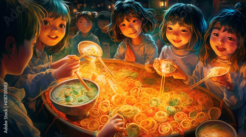 manga girls in their vibrant and energetic costumes, enthusiastically devouring enormous bowls of ramen noodles during dinner, AI Generated