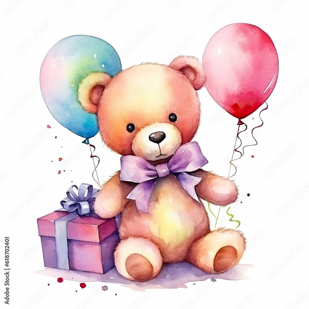 Cute teddy bear with ribbon and balloons - birthday illustration created using generative AI tools Cute teddy bear with ribbon and balloons - birthday illustration created using generative AI tools