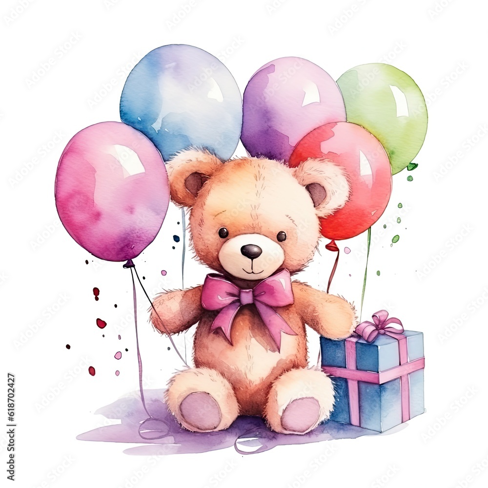 Cute teddy bear with ribbon and balloons - birthday illustration created using generative AI tools Cute teddy bear with ribbon and balloons - birthday illustration created using generative AI tools