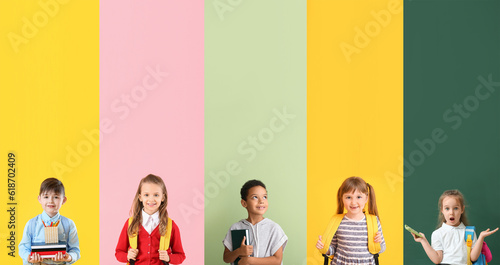 Obraz na płótnie Set of many little students on color background