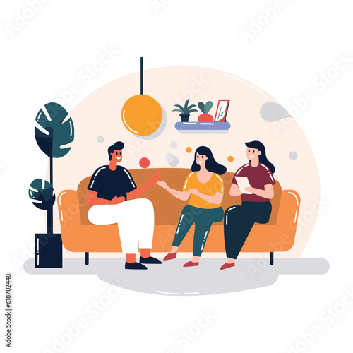 Hand Drawn group of friends chatting on sofa in flat style