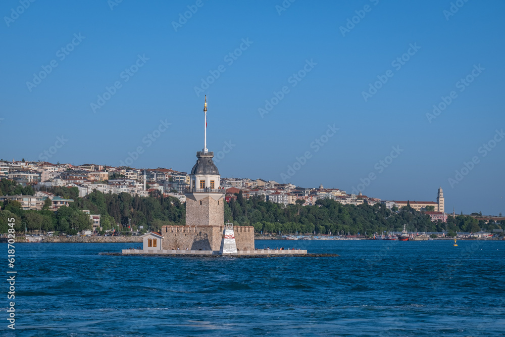 After restoration, the Historical Maiden's Tower and Uskudar beach  in the background. Kiz Kulesi, Istanbul. Turkey.