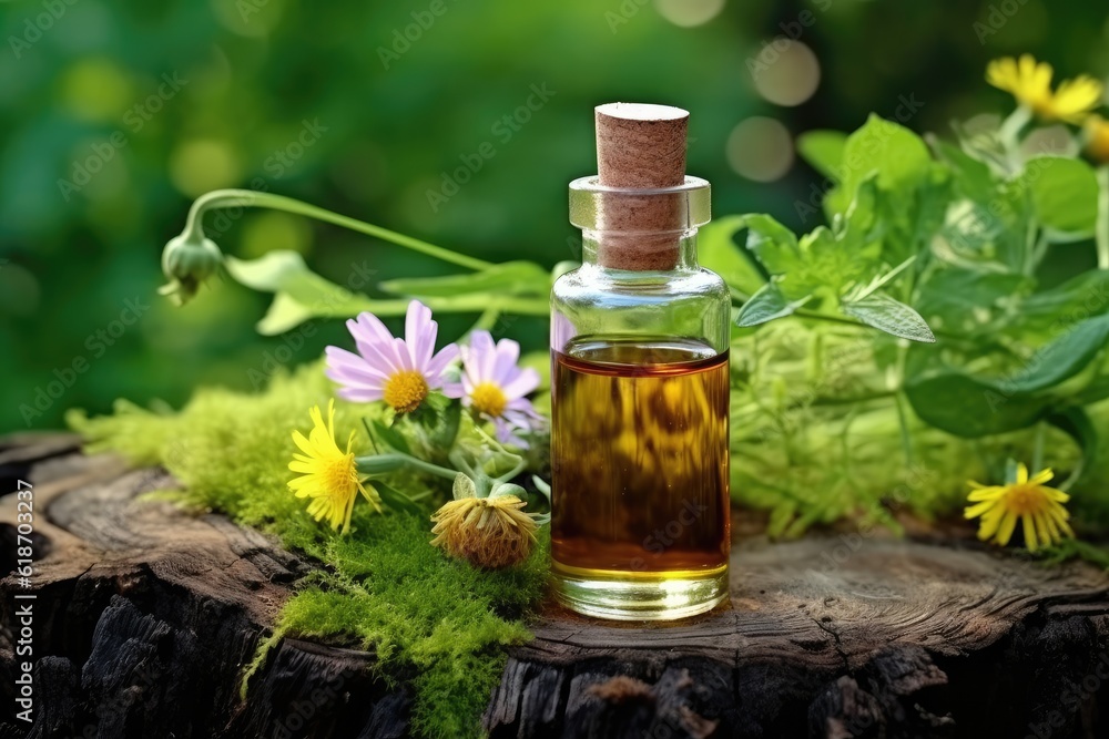 glass bottle of herbal essence on a tree stump surounded by flowers - created using generative AI tools glass bottle of herbal essence on a tree stump surounded by flowers - created using generative AI tools