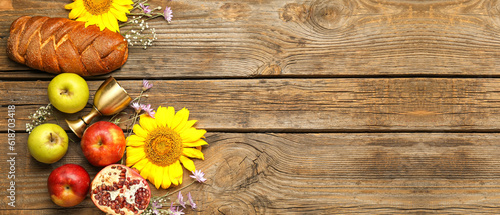 Composition for Rosh hashanah (Jewish New Year) celebration on wooden background with space for text