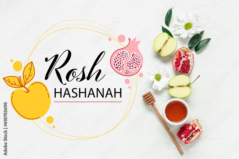 Fototapeta premium Greeting card for Rosh Hasahanh (Jewish New Year) with apples, pomegranates, honey and flowers