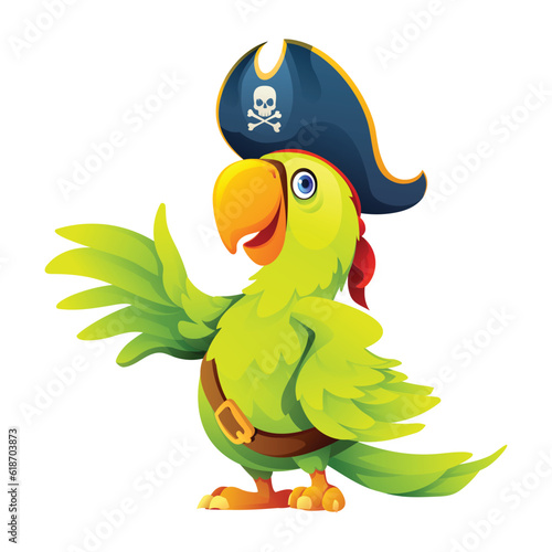 Cute pirate parrot waving wing cartoon illustration isolated on white background