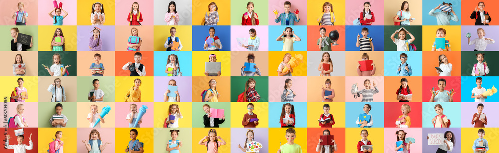 Collage with many little students on colorful background Collage with many little students on colorful background
