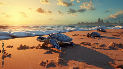 Dozens of small and large turtle families return to nature on a beautiful beach. generative AI