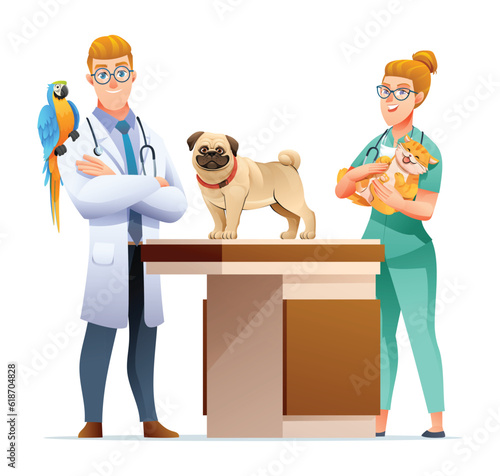 Man and woman veterinarians with dog, cat and parrot bird vector illustration