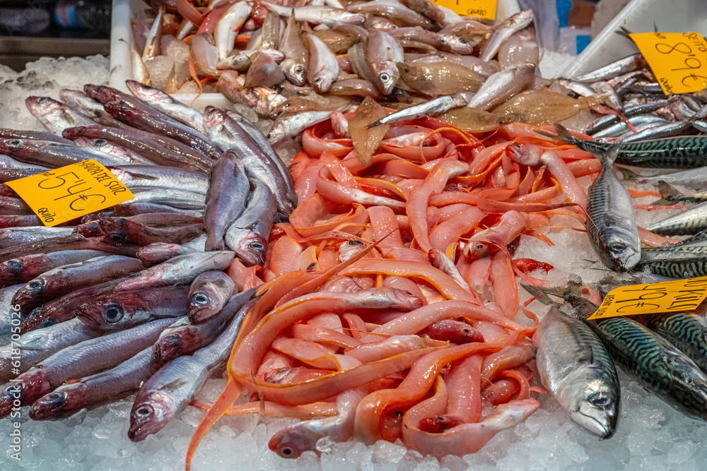 Different kinds of small fishes for sale at a market
