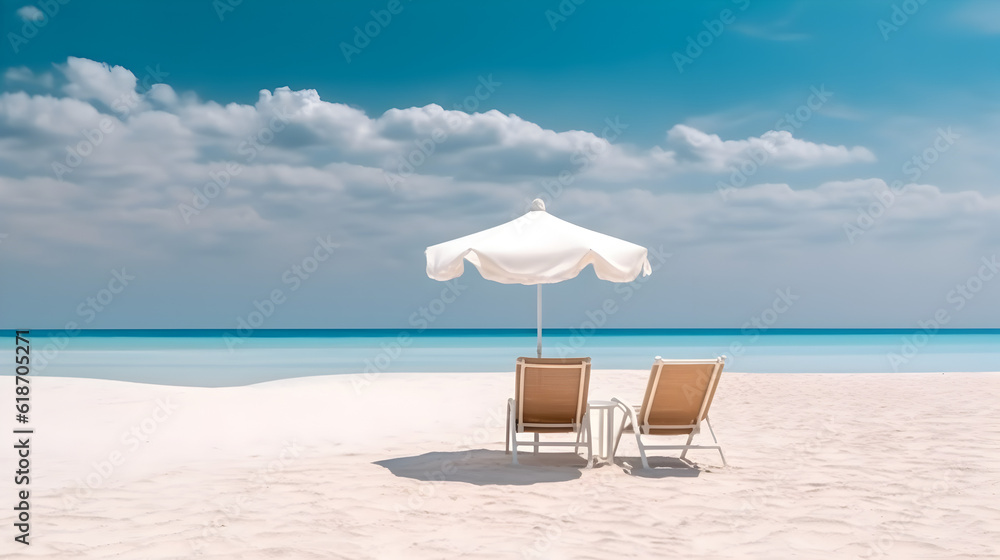 Beautiful beach banner. White sand, chairs and umbrella travel tourism wide panorama background concept. Amazing beach landscape Generative AI
