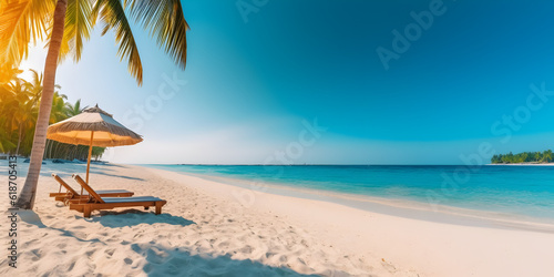 Beautiful beach banner. White sand, chairs and umbrella travel tourism wide panorama background concept. Amazing beach landscape Generative AI © kitti