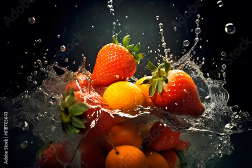 Fresh fruits floating on the water splash with black background