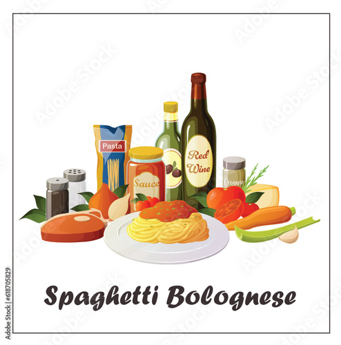 Cute vector illustration of a recipe card or grocery shopping list for the italian dish spaghetti bolognese with all its ingredients.