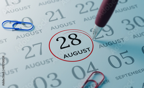 August 28th Calendar date. close up a red circle is drawn on August 28th to remember important events