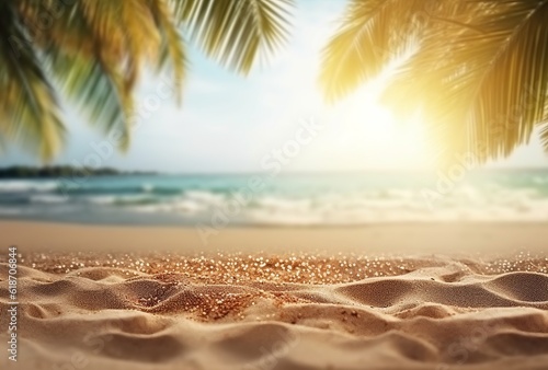 Background with the golden sand of a tropical beach, blurry palm leaves, and bokeh highlights on the water on a sunny day, perfect for summer vacation and travel. Made with Generative AI technology