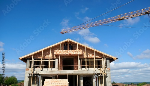 Construction site with a crane. Under Construction Country House Emerges Amidst Serene Blue Skies with Crane