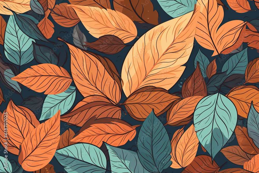Colorful autumn leaves, flat illustration fall seasonal background