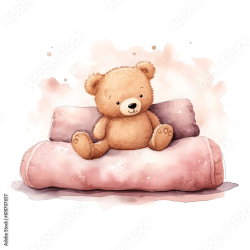 cute teddy bear sleeping on a light pink pillow created using generative Ai tools