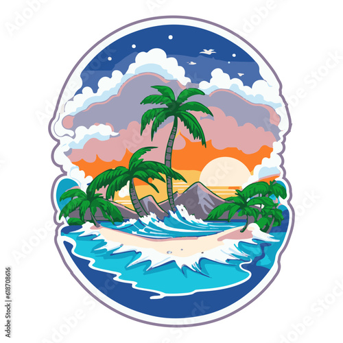 sticker  beach with palm trees and sea waves at sunset with volumetric clouds. Generative ai