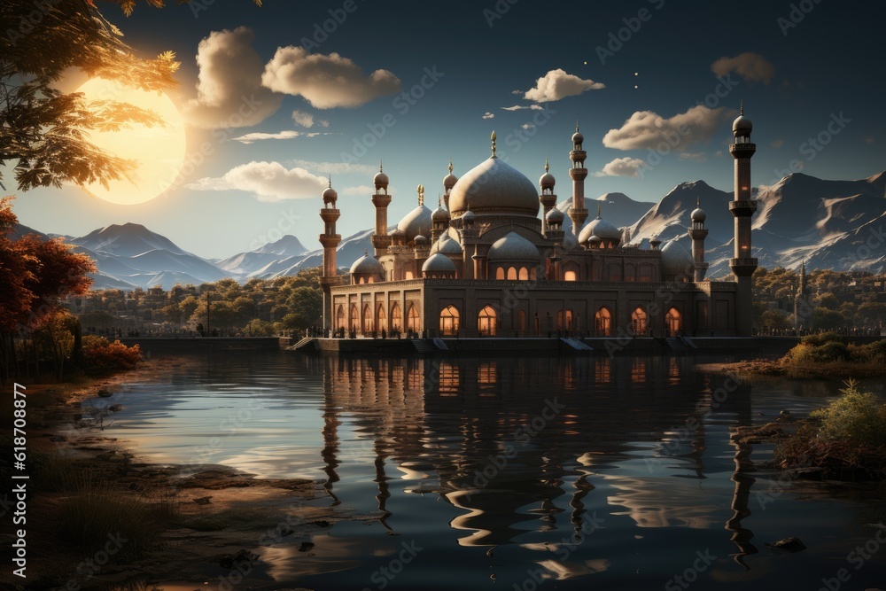 beautiful mosque at night with bright clouds