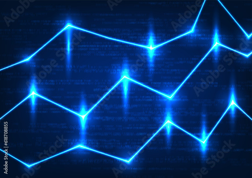 Technology stock chart with glowing lines and running numerical code. The background exudes a futuristic vibe with its blue tone. A visual representation of technology in finance.