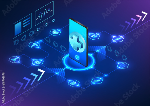 Experience the synergy of smart medical technology and smartphone innovation in a captivating image. The perfect blend of cutting-edge advancements against an isometric background.