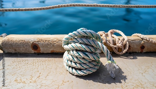 Seafarer's Knot Bound Rope on a Mediterranean Fisherman's Pier. Rope on a wooden board