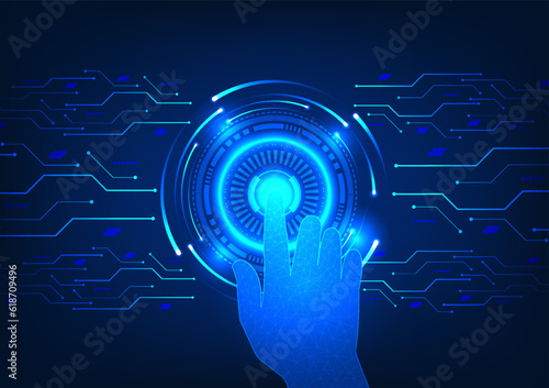 Unlock the power of technology for business and well-being. Against a backdrop of blue tones, a finger activates a futuristic circle, illuminating the circuitry of innovation and creativity