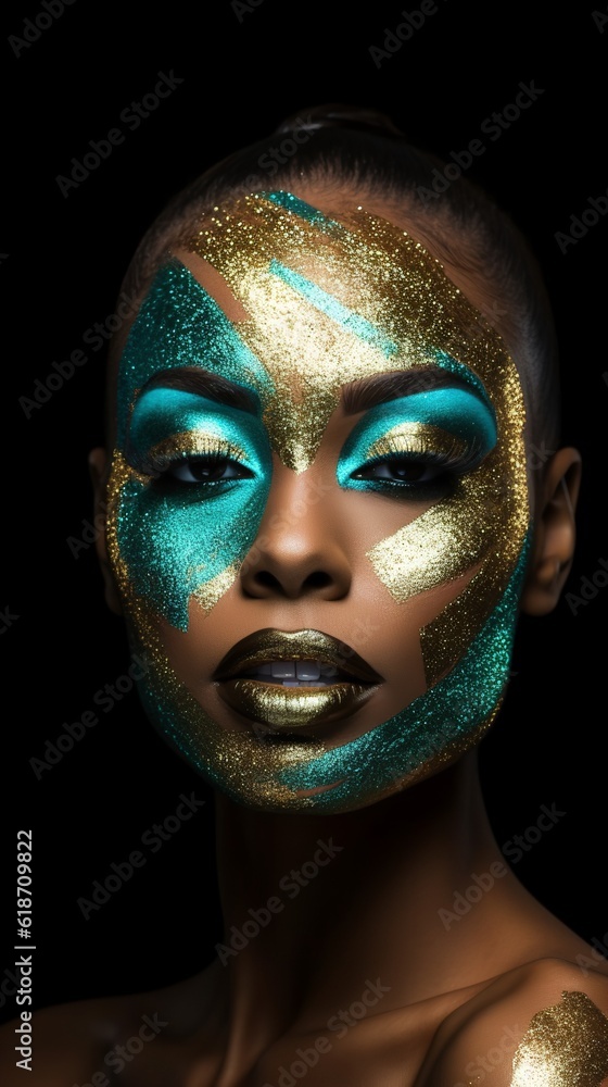 Portrait of a woman completely covered in glitter blue and golden Makeup Portrait of a woman completely covered in glitter blue and golden Makeup