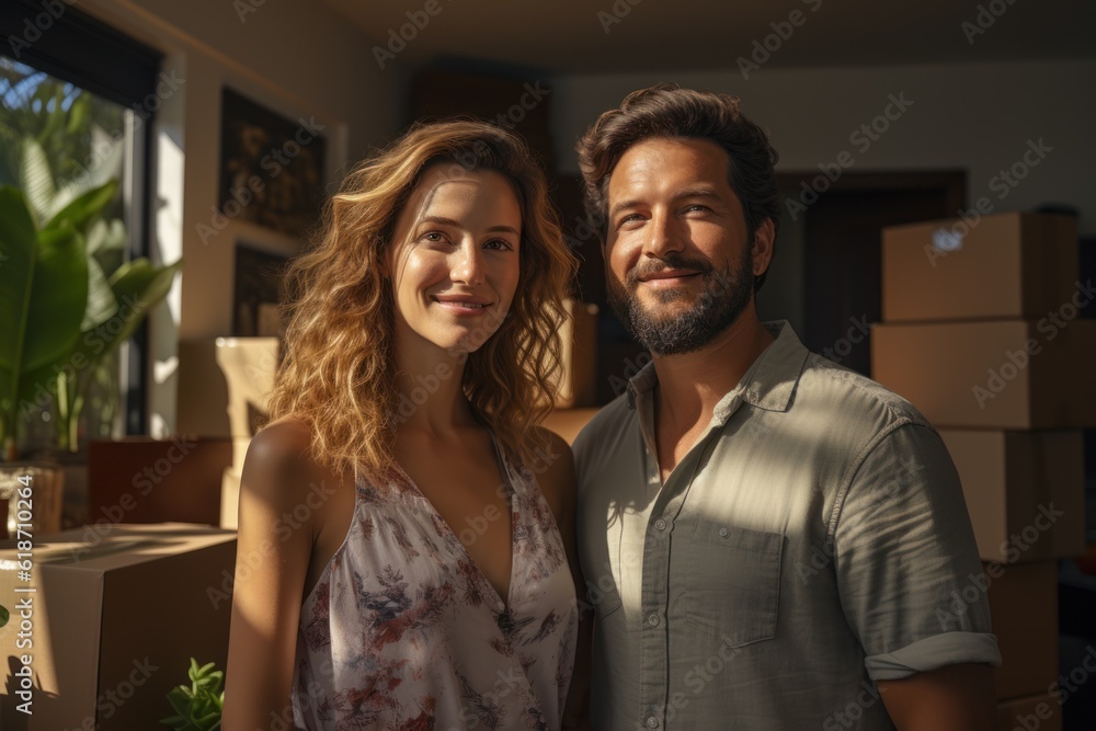 Fototapeta premium Young couple moving to a new apartment together a relocation