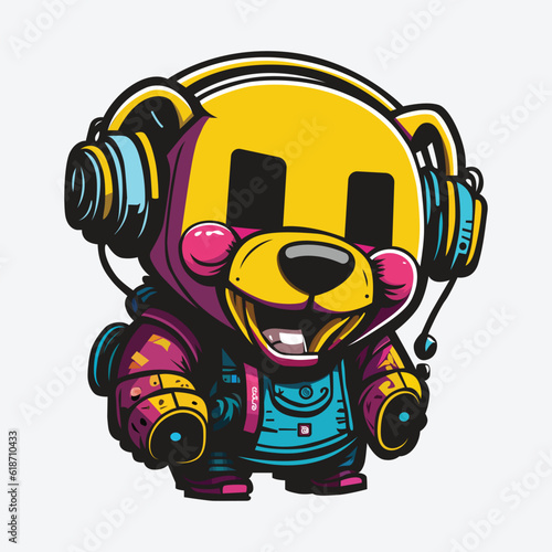 Multicolored robotic bear wired headphone t-shirt printing design Illustration