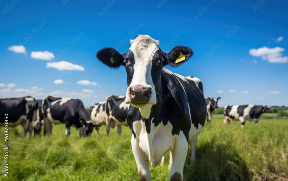 Portrait of cow on green grass with blue sky