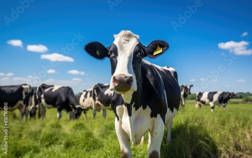Portrait of cow on green grass with blue sky photo