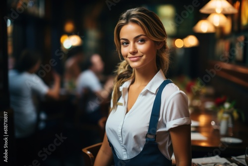 Smiling waitress wearing an apron holding a pen taking orders talking to customers in a restaurant Couple choosing drink menu sitting at cafe table good customer service staff