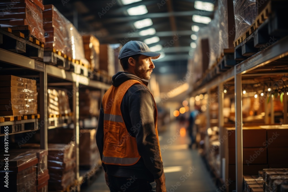 A handsome male worker wearing a hard hat carrying boxes turns back and forth through a retail warehouse full of shelves—a professional worker working in logistics and distribution centers. A handsome male worker wearing a hard hat carrying boxes turns back and forth through a retail warehouse full of shelves—a professional worker working in logistics and distribution centers.