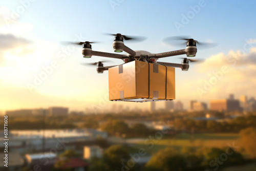 Wallpaper Mural Futuristic Drone Delivery Revolutionizing Business Air Transportation with Unmanned Aircraft Robots, package flying through the air off a drone  Generative AI Torontodigital.ca