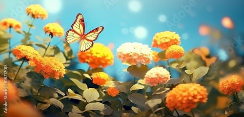 An illustration of a colorful spring flower. Natural landscape with many orange lantana flowers and fluttering butterflies against the blue sky on a sunny day. Made with Generative AI technology